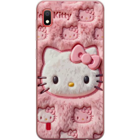 Yhteensopiva Puhelinkuori Samsung Galaxy A10 Hello Kitty vaaleanpunainen pörröinen tausta, jossa on ikoninen kasvot ja kawaii-esteettisyys