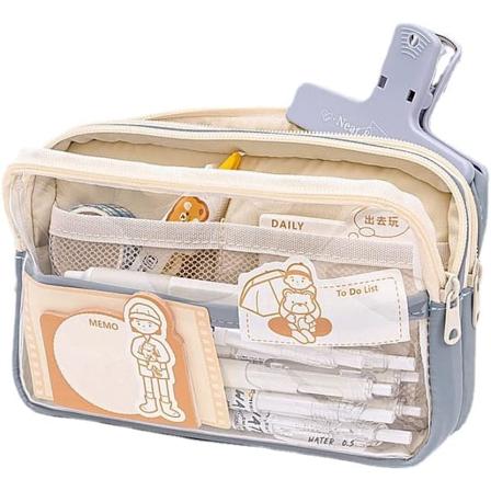 Kawaii Pennfodral i nät, estetiskt transparent skolmaterial, söt pennlåda, stor kapacitet, tillbaka till skolan-material blå