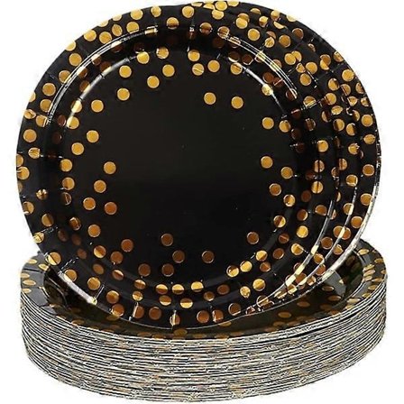 Svarta guld födelsedags engångstallrikar, 48 st 18 cm papperstallrikar