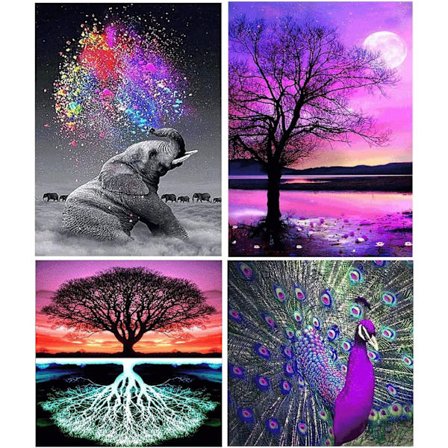 4 Pakke 5D Diamant DIY Malerisett, Full Drill Krystall Broderi Maleri Korssting, 11.8x15.7in og 11.8x11.8in Uten Ramme