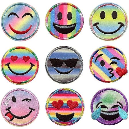 Emoji Stryge-på-mærker til tøj - 9 Børne Smiley Sy-på-mærker Broderede Designs i Stryge-på-stof, Runde Etiketter DIY Personlig Gave 6.3