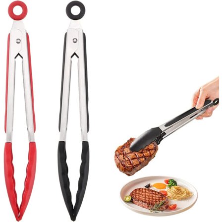 Køkkentænger, Silikone Madtænger, Brødrister Tænger, Grill Tænger, Rustfrit Stål Køkkentænger, Køkkenredskaber, Madlavningstænger (Rød/Blå)