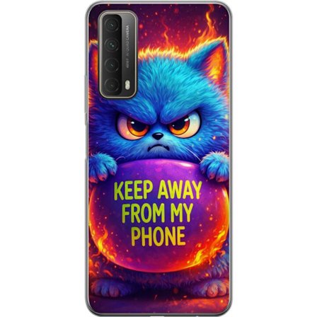 Yhteensopiva Puhelinkuori Huawei Huawei P smart 2021 Vihainen pörröinen sininen kissa, jossa teksti "Pidä loitolla puhelimestani" neonväreillä ja