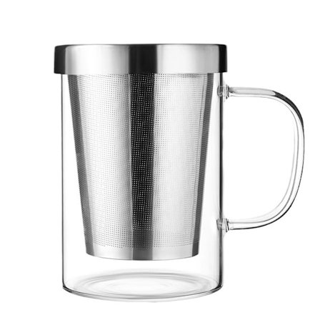 Tekop med filter og låg - Infusionskop - Borosilikatglas kop - Stor 500 ml kop