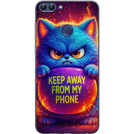 Yhteensopiva Puhelinkuori Huawei Huawei P smart Vihainen pörröinen sininen kissa, jossa teksti "Pidä loitolla puhelimestani" neonväreillä ja tuli