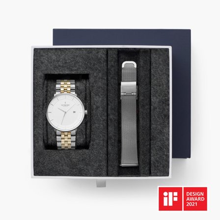 Nordgreen - Dänisches Design Uhr in Silber - Philosopher - SET Weißes Ziffernblatt Silber | Armbänder Silber-Gold 5-Link Armband / Mesh