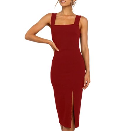 Lårkort klänning med hög slits, bodycon, festklänning för sommaren (vinröd, M)