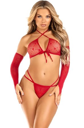 Leg Avenue Crop Top, G-String & Handschuhe Rot Onesize