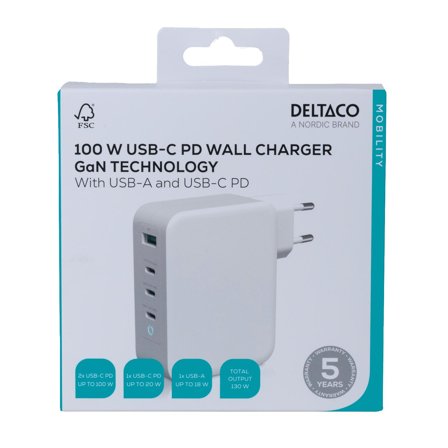 Deltaco 130W GaN-lader- 3x USB-C