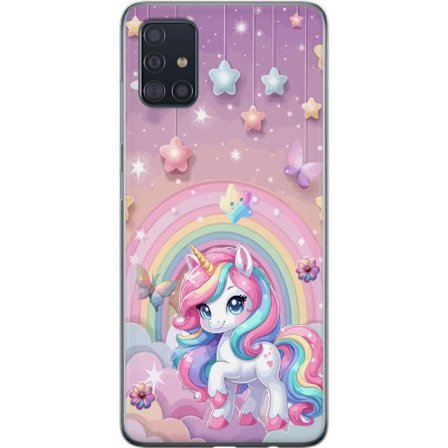 Kompatibel Mobilcover til Samsung Galaxy A51 Magisk enhjørning med regnbue manke, stjerner og sommerfugle mod en pastelfarvet himmel med skyer