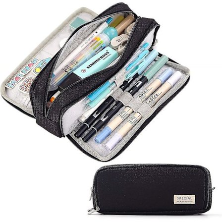 Large Capacity Pencil Case 3 Compartment Pouch Pen Bag For School Teen(black)