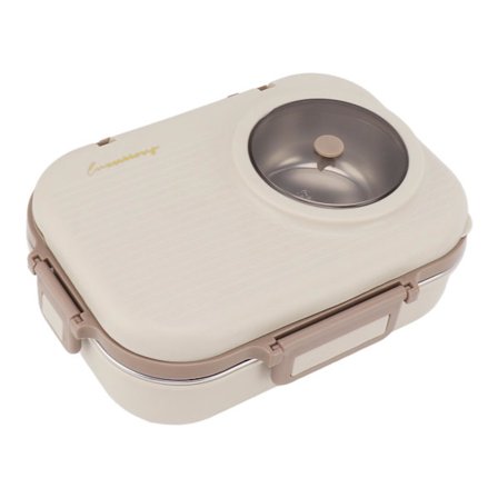 Beige Lækagesikker Madkasse i Rustfrit Stål med Suppeskål, Ske og Spisepinde, Bærbar Bento til Camping Picnic 1100ml 3 Rum
