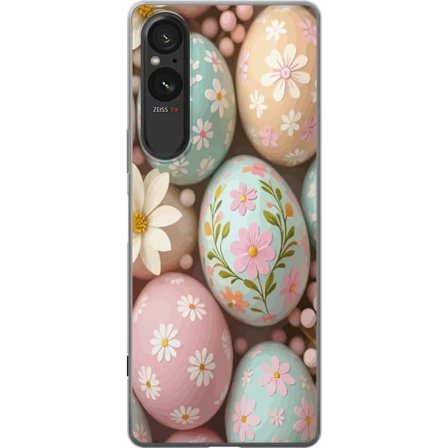 Yhteensopiva Puhelinkuori Sony Xperia 5 V Pastellivärisiä pääsiäismunia, joissa on käsimaalatut kukat ja keväinen tunnelma pehmeässä koristek