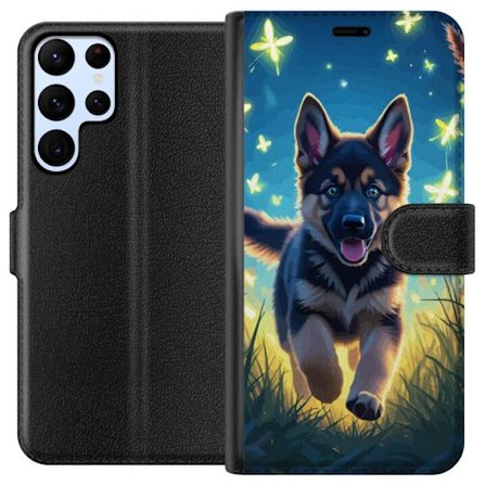 Kompatibelt Plånboksfodral till Samsung Galaxy S24 Ultra Tysk schäfer valp affisch valp hund hoppar äng fjärilar söt hund illustration blå nattk