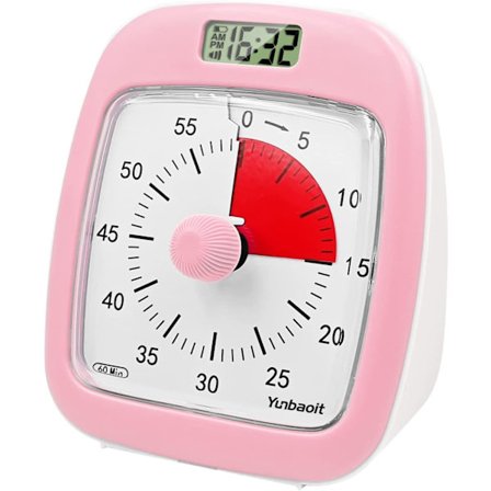 (Pink) Børnetimer med ur og natlys, visuel timer, valgfri alarm 60 minutters lydløs timer