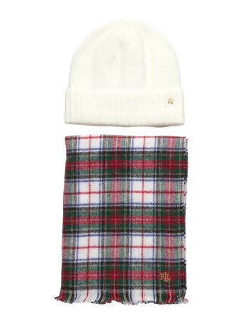 Lauren Ralph Lauren Plaid Wrap Scarf & Knit Beanie Set - Grey - ONE SIZE