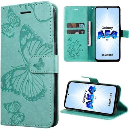Coque - BOOLING - för Samsung Galaxy A54 5G - Grön lädereffekt - Fjärilsdekor - Magnetisk stängning