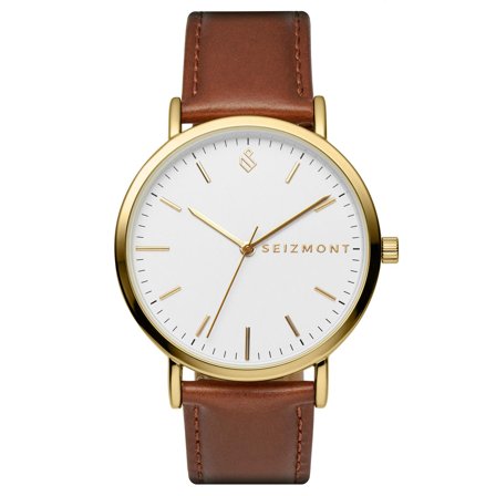 Moment | Gold-Tone Minimalist Dress Analog Quartz Movement Watch With White Dial & Rust Leather Strap for Men - Wrist watches