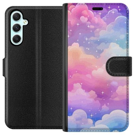 Kompatibelt Lommeboketui til Samsung Galaxy A34 Søt enhjørning med regnbuefarget hår mot en stjernebelagt pastellbakgrunn i kawaii-stil