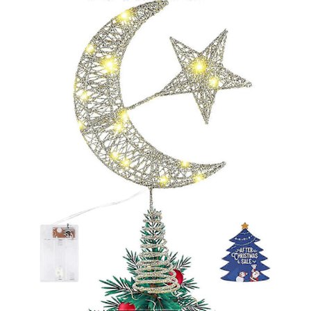 Julestjerne til juletræ, måne- og stjerneformet topstjerne til julepynt, funklende tilbehør til fantastisk traditionel juletræspynt