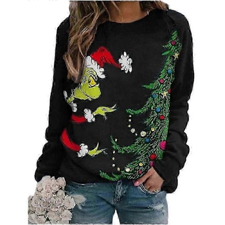 Dame Jul The Grinch Trykket Genser Langermet Rund Hals Bluse Casual Løs Pullover Jum