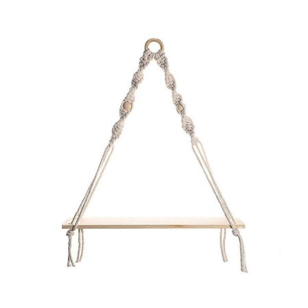 Makramé Væghængende Hylde - Boho Trævæghylder med Træperler, Landlig Flydende Hylde Rusti