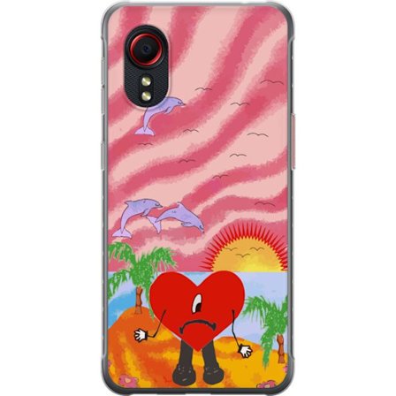 Yhteensopiva Puhelinkuori Samsung Galaxy Xcover 5 Bad Bunny värikkäässä tikatussa takissa sydänkuvioilla ja aurinkolaseilla modernissa katutyylissä