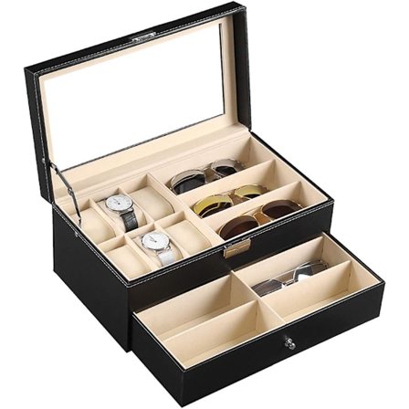 Læder 6 Ur Boks Smykkeskrin og 9 Dele Brilleopbevaring og Solbrille Brille Display Skuffe Låsbar Etui Organizer