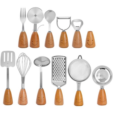 Køkkenredskabssæt 12 dele med skræller æggedeler ske gaffel pizzaskærer oplukker spatel hulske rivejern øse piskeris og tandstikholder