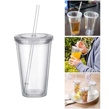 Plastmugg Resemugg med Sugrör, Dubbelväggig Plastförseglad Mugg Transparent Drickmugg för Fruktjuice Smoothie, A