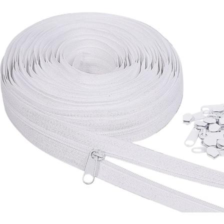 10 meter bulk lynlås, (#3) lynlåse til syning, hvid nylon spiral lynlås på meter, udskiftning lynlås med 20 stk lynlåsskydere til gør-det-selv-syning