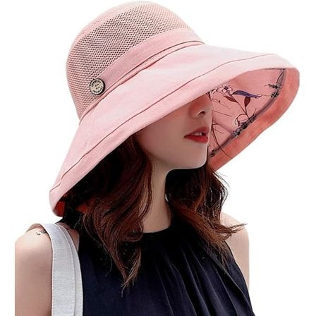 Mesh solhatter for kvinner - UPF UV-beskyttelse - Sammenleggbar - Bred brem - Hakestropp (Rosa)