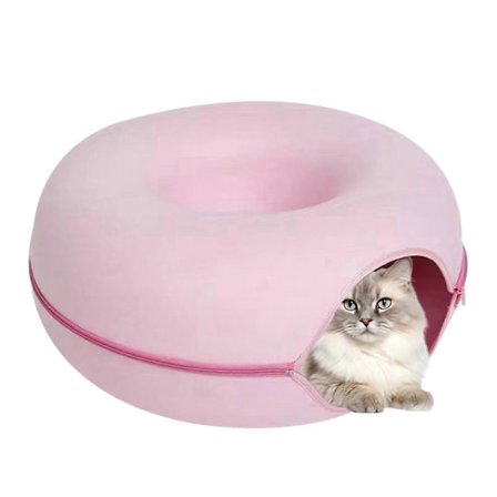 Kattetunnelseng - Åndbar Aftagelig Donut Tunnelseng til Katte, Pink Filt Rund Kattehule, 63,5 cm Kattelegetøj