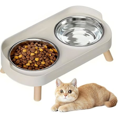 Cat Food Bowl with Stand – 2 Stainless Steel Bowls, Elevated Double Cat Bowl