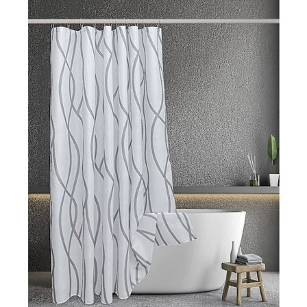 Ekstra lang tekstureret stof bruseforhæng 72 tommer bredt x 84 tommer langt, maskinvaskbar sølvgrå trykt badeforhæng