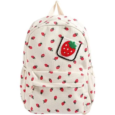 ING Rygsæk – Skoletaske – Canvas rygsæk, jordbærprint – 31×14×44 cm – Hvid