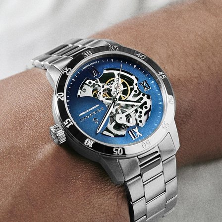 Dante II | Silver-tone Skeleton Watch With Blue Dial for Men - Skeleton watches