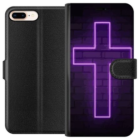 Yhteensopiva Lompakkokotelo Apple Apple iPhone 7 Plus Neonristi purppuranvalossa tummaa tiiliseinää vasten, symbolinen motiivi vahvalla hohto modern