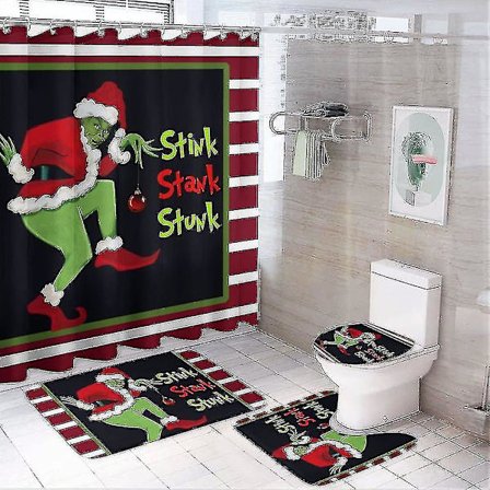 4 kpl Grinch-kuvioinen suihkuverhosetti, vedenpitävä, kestävä, liukumaton, kodin kylpyhuoneen sisustukseen -q