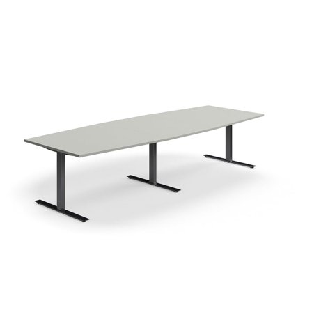 Conference table QBUS, boat shaped, 3200x1200 mm, T-frame, black frame, light grey