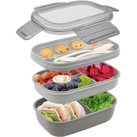 Bento Box 1900ml - Dobbelt stabelbar madpakkebeholder med bestik, 5 rum