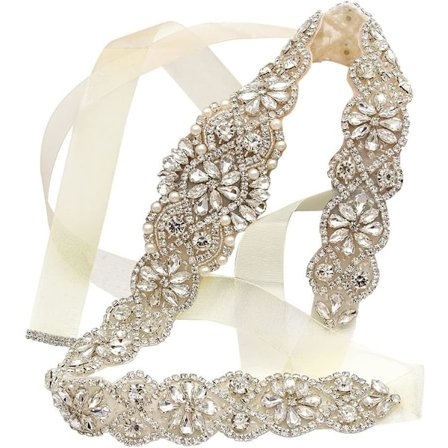 Brudebelte Hånd Rhinestone Bryllupsbelte Klar Krystal 22 Tommer Lang Med Hvid Organza Bånd Til Brudekjole
