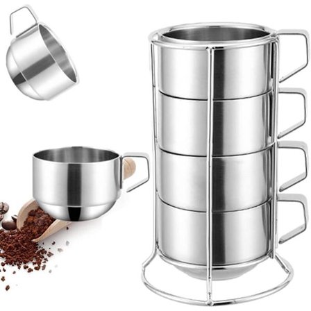 Rustfrit stål kaffekopper sæt med 4 krus, stabelbar dobbelt varmeisolering metal kaffekopper med stativstativ, (6,8 oz/200 ml) Perfekt til kolde 