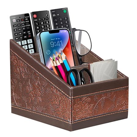 Fjernkontrollholder i PU-lær, fjernkontrollorganisator med 3 rom, fjernkontroll TV-klimaanlegg oppbevaringsboks, skrivebordsarrangør