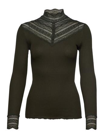 Silk T-Shirt W/ Lace Pitkähihainen Pusero Paita Musta Rosemunde