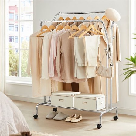 Klädställning med hjul och hyllplan - Silver