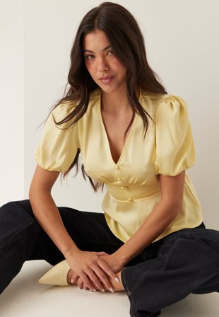 BUBBLEROOM - Satin Short Sleeve Blouse - Yellow