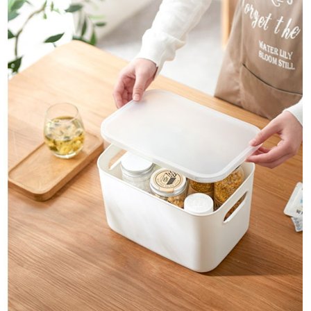 2 stk. opbevaringskasser med bambuslåg, plastik opbevaringsbeholdere til organisering, stabelbar opbevaringsboks med håndtag, (26*18*16cm)