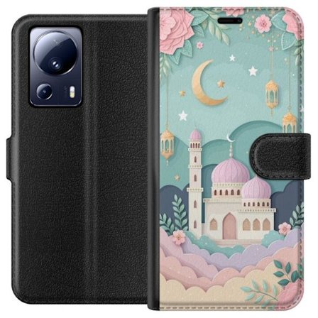 Yhteensopiva Lompakkokotelo Xiaomi 13 Lite Sagolik moské i pastellfärger med hängande lyktor stjärnor och halvmåne bland moln