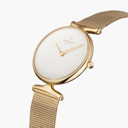 Nordgreen Women's Slim Minimalist Danish Watch - Gold Case - White Dial - 28mm Gold Mesh Strap White Dial Unika